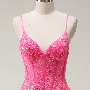 Sparkly Hot Pink Sequin Corset Mermaid Prom Dress with Slit - Image 4