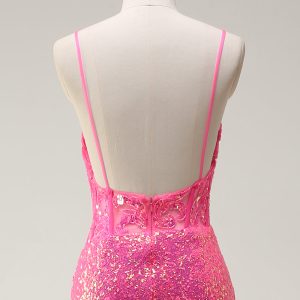 Sparkly Hot Pink Sequin Corset Mermaid Prom Dress with Slit - Image 5
