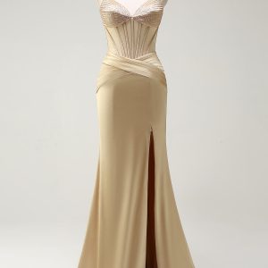 Sparkly Mermaid Spaghetti Straps Golden Corset Long Prom Dress with Slit - Image 1