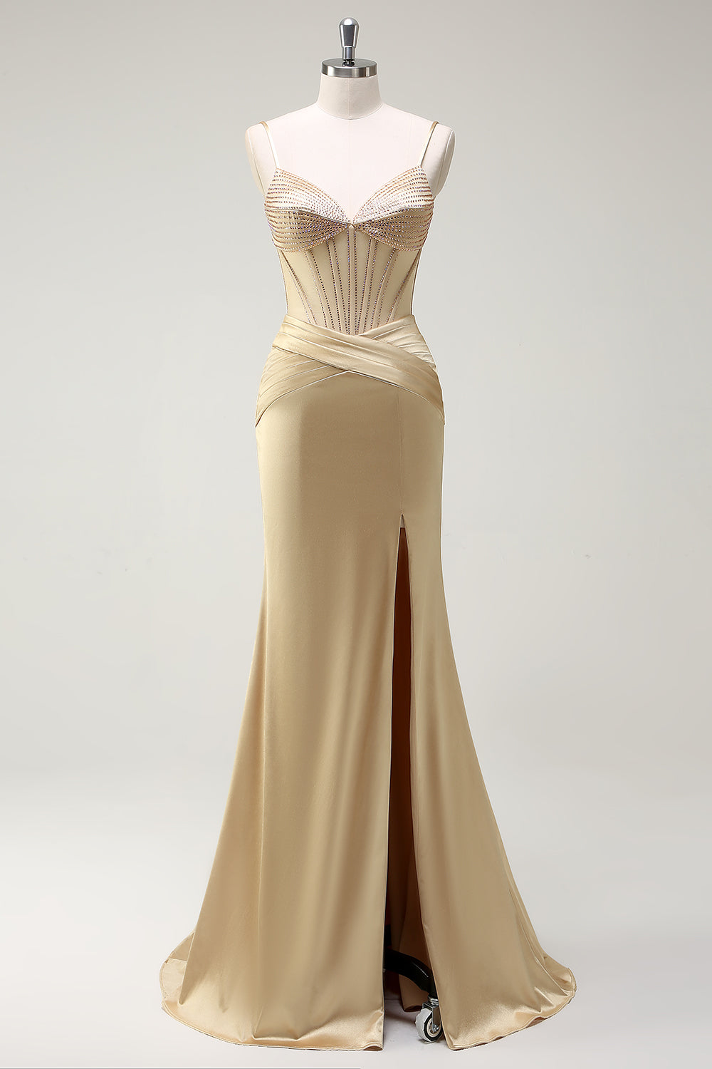 Sparkly Mermaid Spaghetti Straps Golden Corset Long Prom Dress with Slit - Image 1