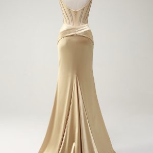 Sparkly Mermaid Spaghetti Straps Golden Corset Long Prom Dress with Slit - Image 2