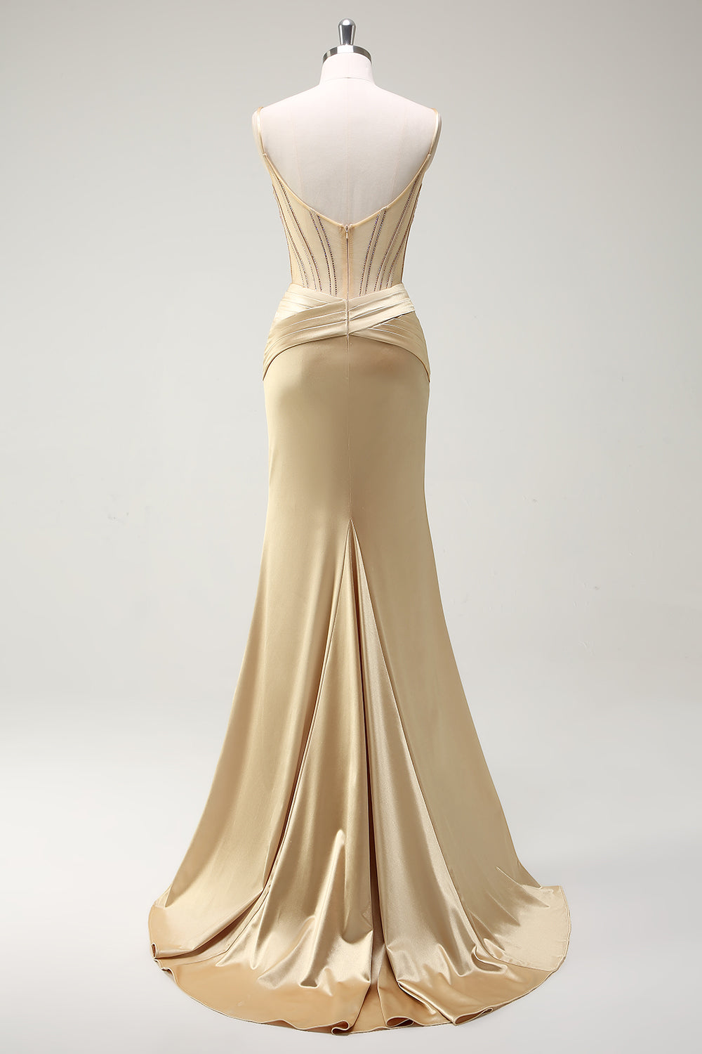 Sparkly Mermaid Spaghetti Straps Golden Corset Long Prom Dress with Slit - Image 2