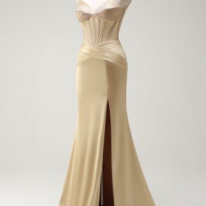 Sparkly Mermaid Spaghetti Straps Golden Corset Long Prom Dress with Slit - Image 3