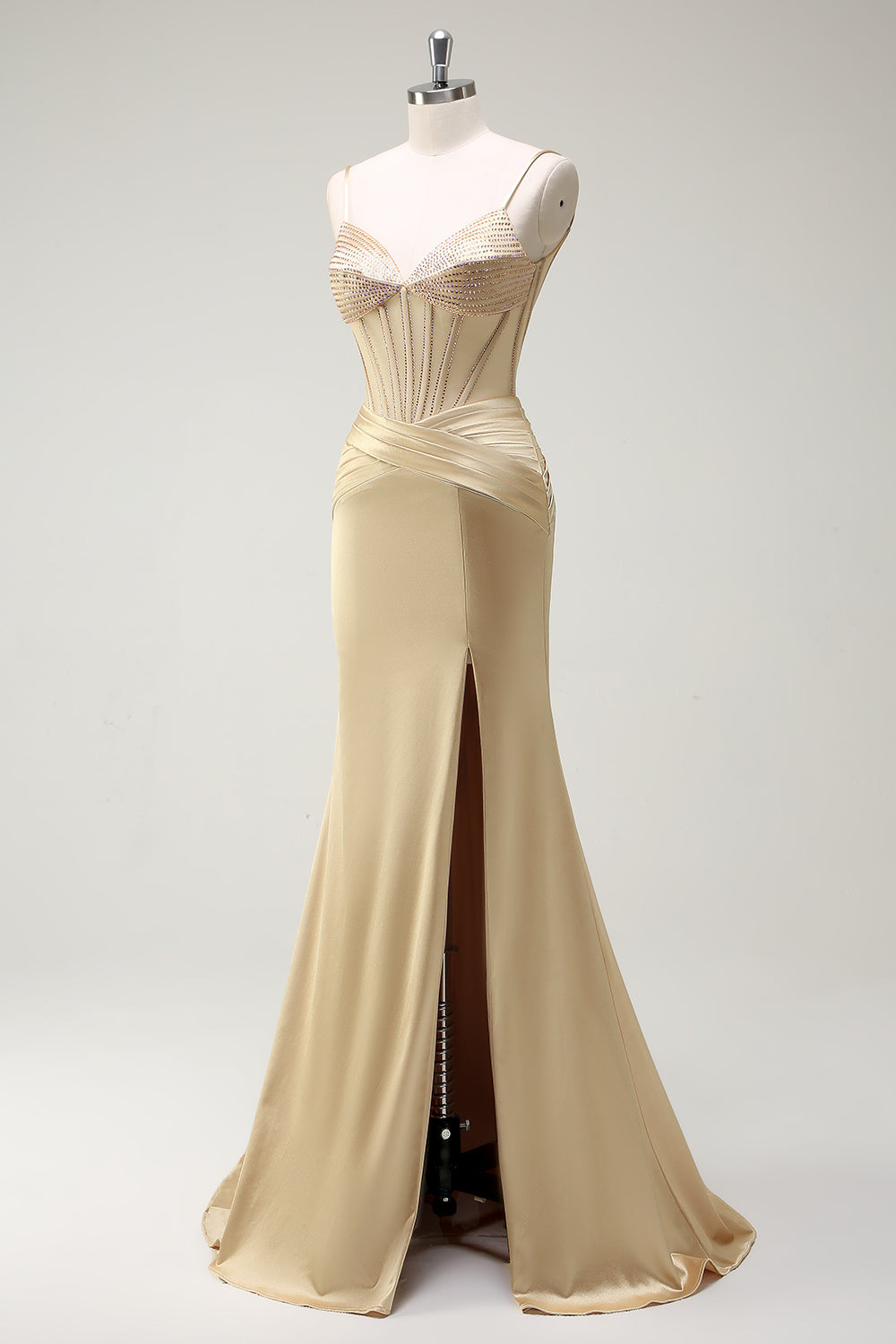 Sparkly Mermaid Spaghetti Straps Golden Corset Long Prom Dress with Slit - Image 3