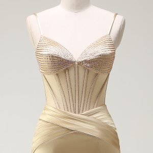 Sparkly Mermaid Spaghetti Straps Golden Corset Long Prom Dress with Slit - Image 4