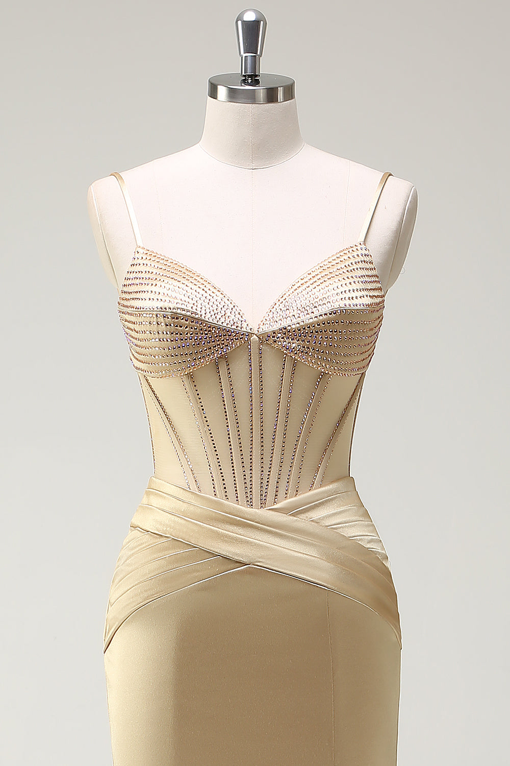 Sparkly Mermaid Spaghetti Straps Golden Corset Long Prom Dress with Slit - Image 4