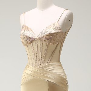 Sparkly Mermaid Spaghetti Straps Golden Corset Long Prom Dress with Slit - Image 6