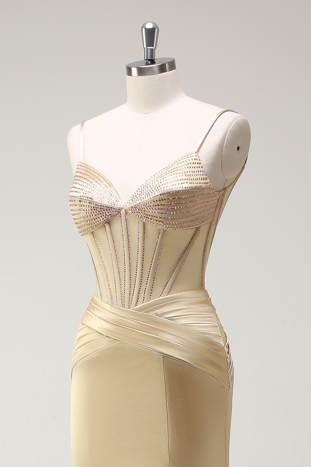 Sparkly Mermaid Spaghetti Straps Golden Corset Long Prom Dress with Slit - Image 6