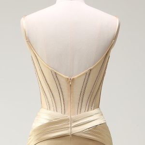 Sparkly Mermaid Spaghetti Straps Golden Corset Long Prom Dress with Slit - Image 5