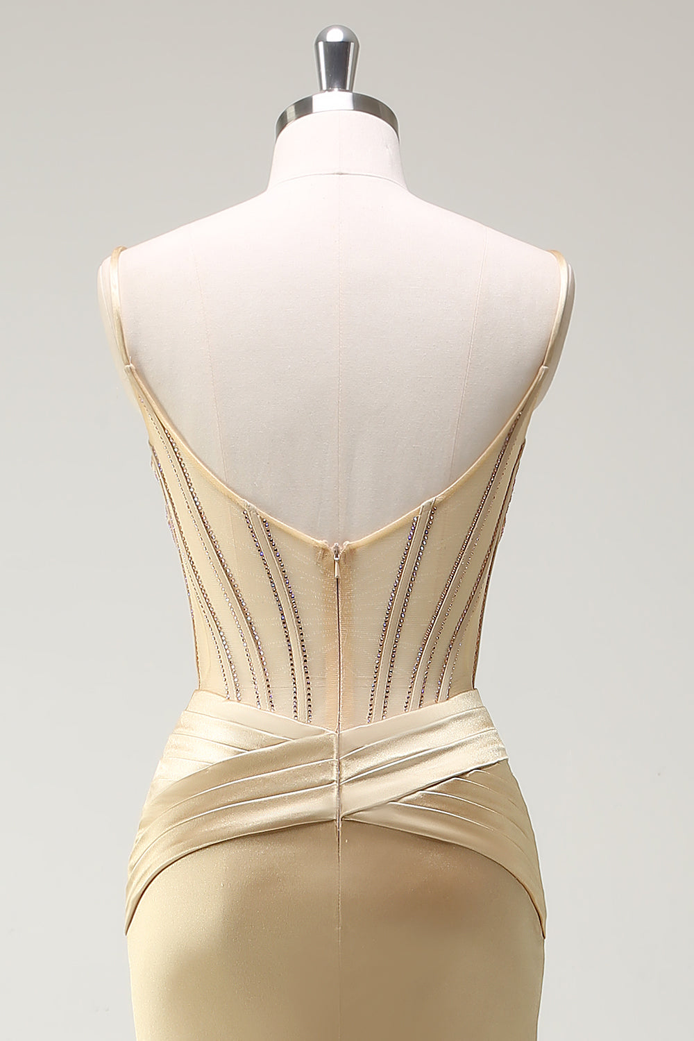 Sparkly Mermaid Spaghetti Straps Golden Corset Long Prom Dress with Slit - Image 5