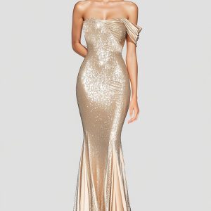 Sparkly Mermaid Champagne Off Shoulder Pleated Formal Dress with Sequins - Image 1