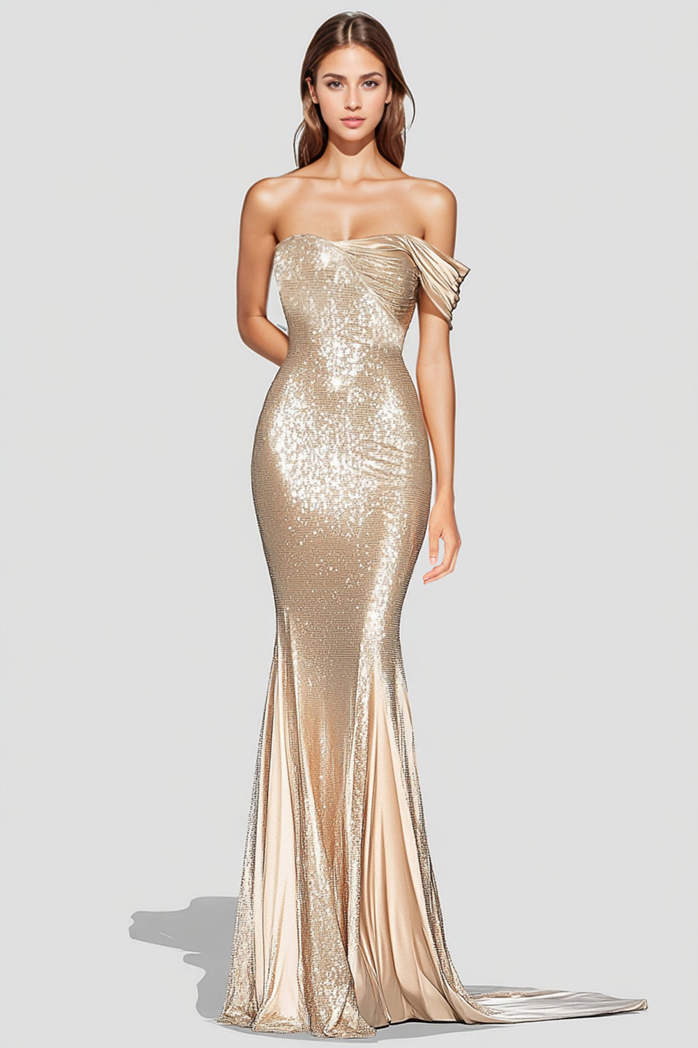 Sparkly Mermaid Champagne Off Shoulder Pleated Formal Dress with Sequins - Image 1