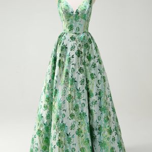 Sparkly Green Floral A-Line Spaghetti Straps Long Prom Dress - Image 1