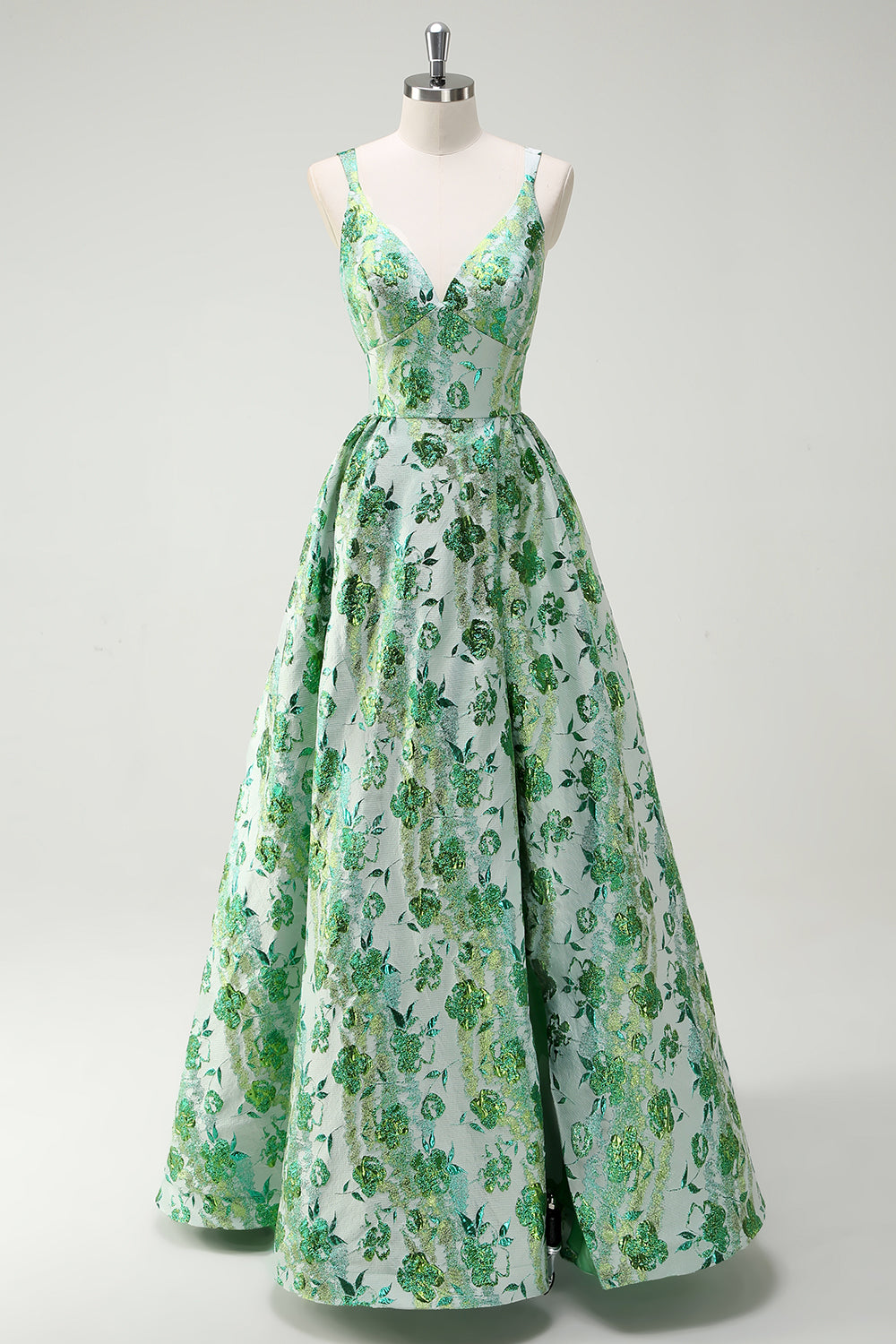 Sparkly Green Floral A-Line Spaghetti Straps Long Prom Dress - Image 1
