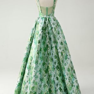 Sparkly Green Floral A-Line Spaghetti Straps Long Prom Dress - Image 2