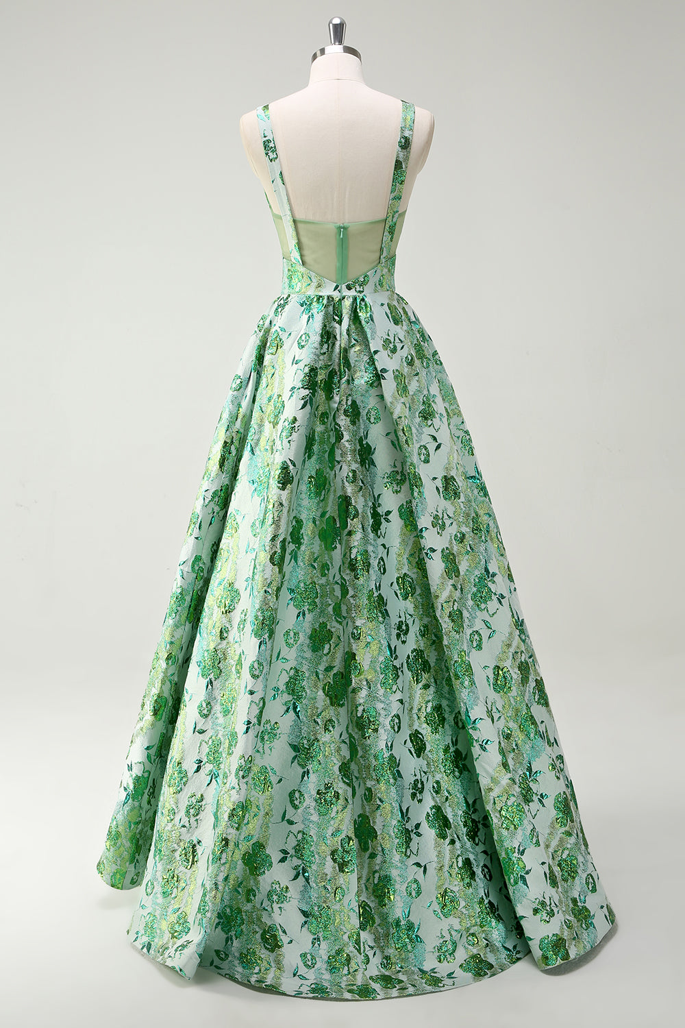 Sparkly Green Floral A-Line Spaghetti Straps Long Prom Dress - Image 2
