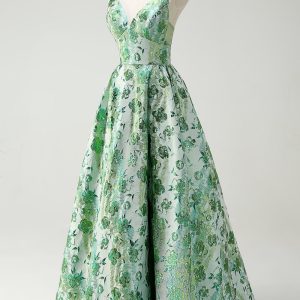 Sparkly Green Floral A-Line Spaghetti Straps Long Prom Dress - Image 3
