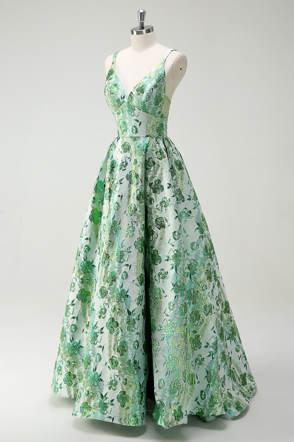 Sparkly Green Floral A-Line Spaghetti Straps Long Prom Dress - Image 3