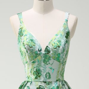 Sparkly Green Floral A-Line Spaghetti Straps Long Prom Dress - Image 4