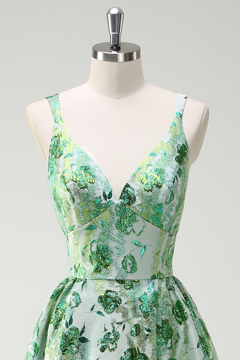 Sparkly Green Floral A-Line Spaghetti Straps Long Prom Dress - Image 4