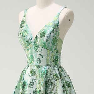 Sparkly Green Floral A-Line Spaghetti Straps Long Prom Dress - Image 6