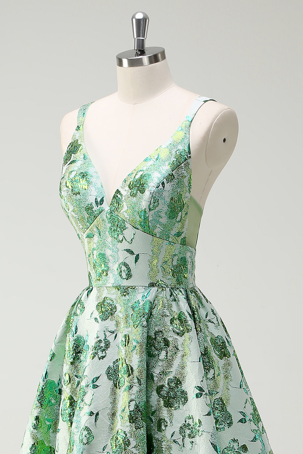 Sparkly Green Floral A-Line Spaghetti Straps Long Prom Dress - Image 6