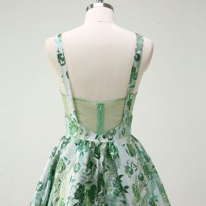 Sparkly Green Floral A-Line Spaghetti Straps Long Prom Dress - Image 5