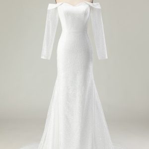 Sparkly Ivory Off the Shoulder Mermaid Long Sleeve Wedding Dress - Image 1