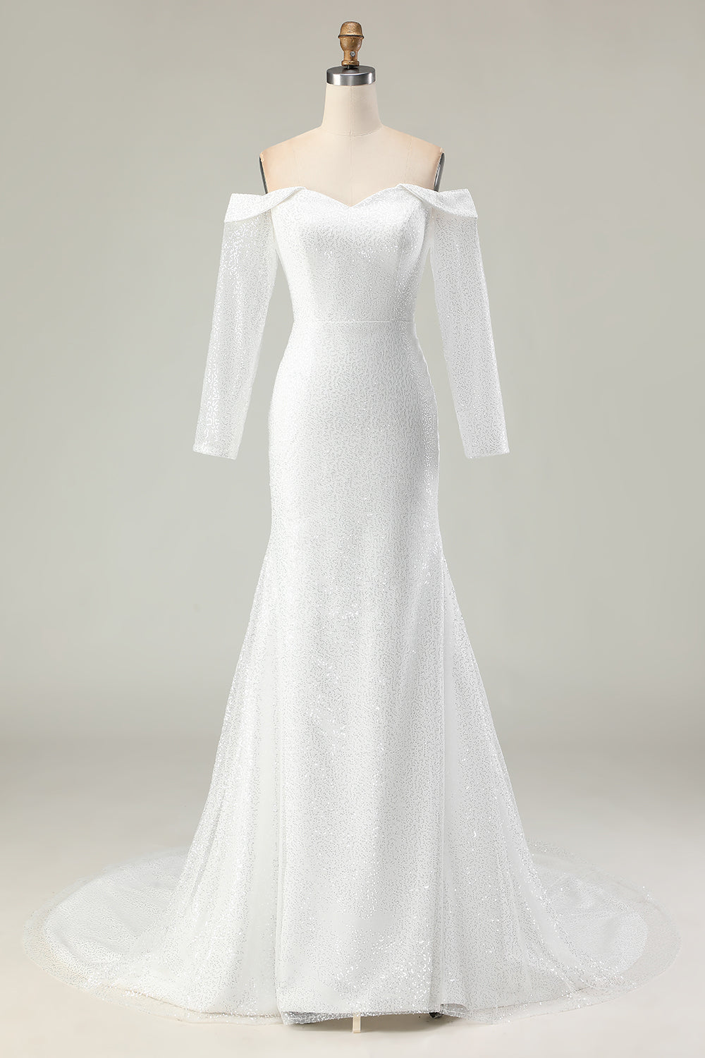 Sparkly Ivory Off the Shoulder Mermaid Long Sleeve Wedding Dress - Image 1