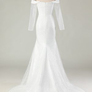 Sparkly Ivory Off the Shoulder Mermaid Long Sleeve Wedding Dress - Image 2