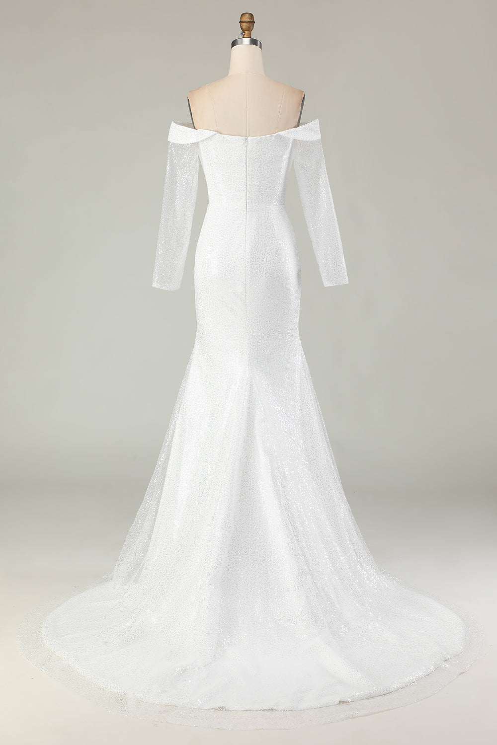 Sparkly Ivory Off the Shoulder Mermaid Long Sleeve Wedding Dress - Image 2