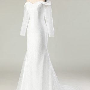 Sparkly Ivory Off the Shoulder Mermaid Long Sleeve Wedding Dress - Image 3