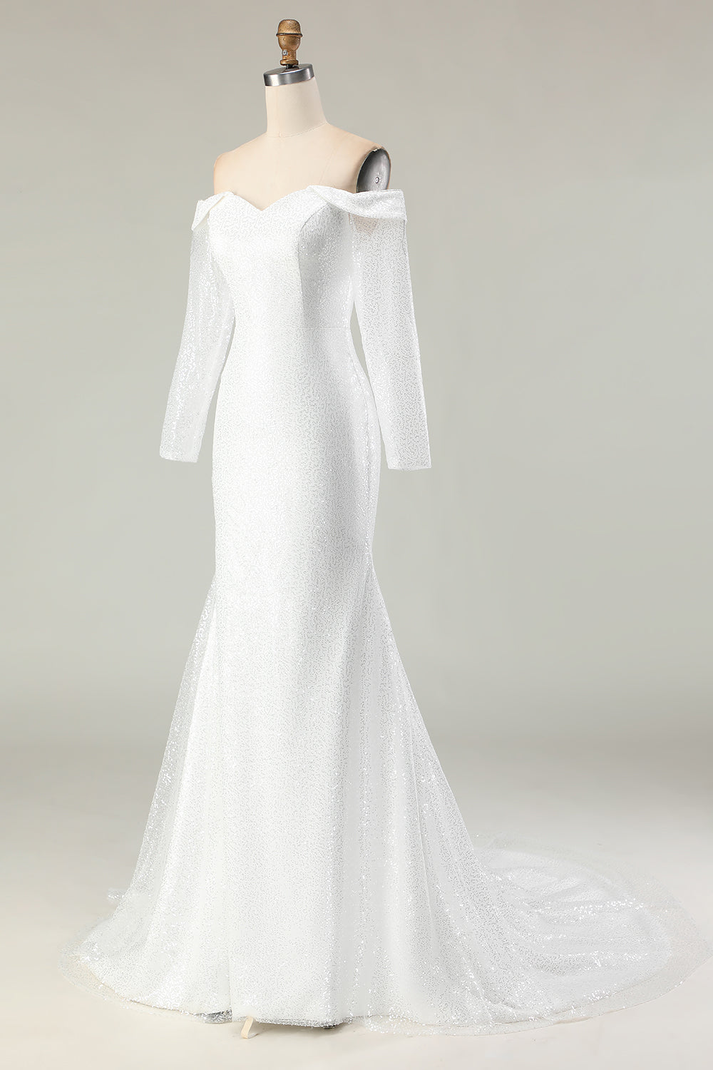 Sparkly Ivory Off the Shoulder Mermaid Long Sleeve Wedding Dress - Image 3