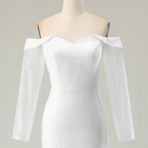 Sparkly Ivory Off the Shoulder Mermaid Long Sleeve Wedding Dress - Image 4