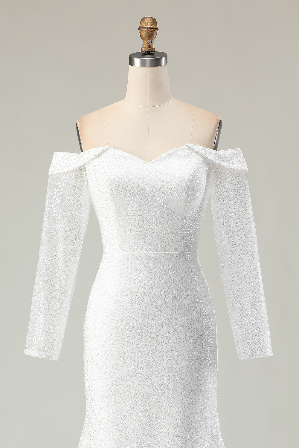 Sparkly Ivory Off the Shoulder Mermaid Long Sleeve Wedding Dress - Image 4