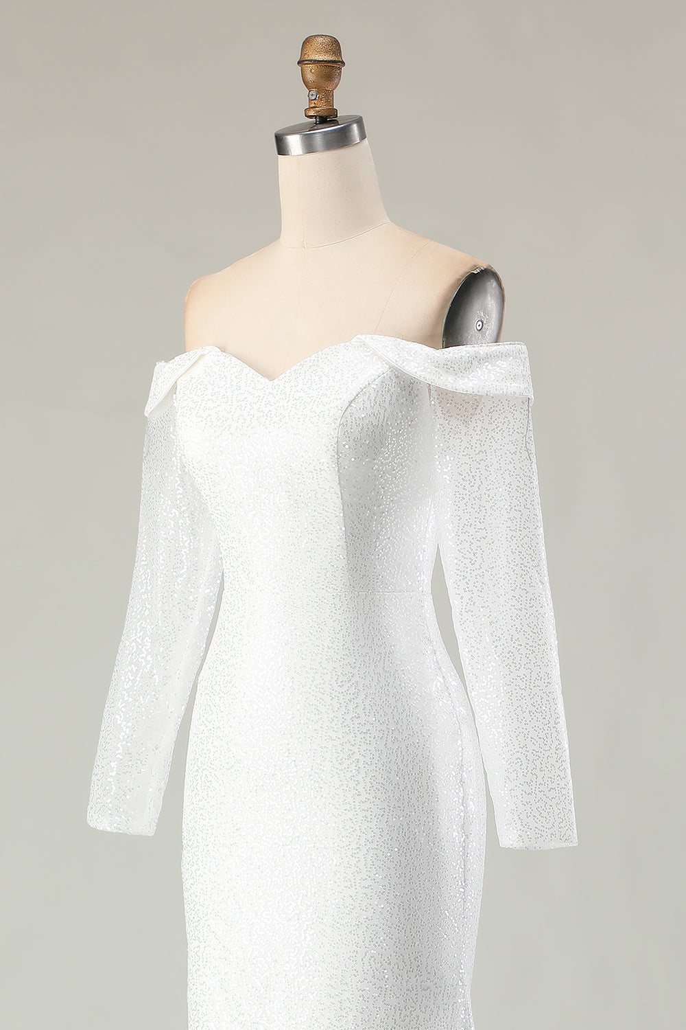Sparkly Ivory Off the Shoulder Mermaid Long Sleeve Wedding Dress - Image 6