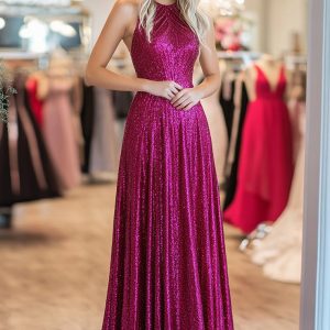 Sparkly Halter A Line Pleated Metallic Satin Fuchsia Prom Dress - Image 1