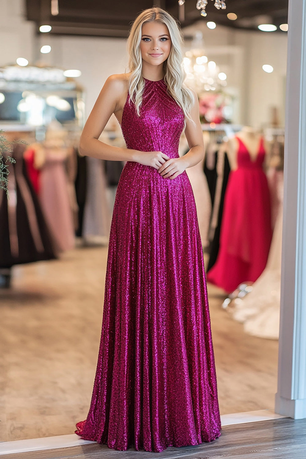 Sparkly Halter A Line Pleated Metallic Satin Fuchsia Prom Dress - Image 1