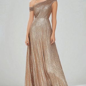 Sparkly Golden One Shoulder Sheath Formal Dress - Image 1