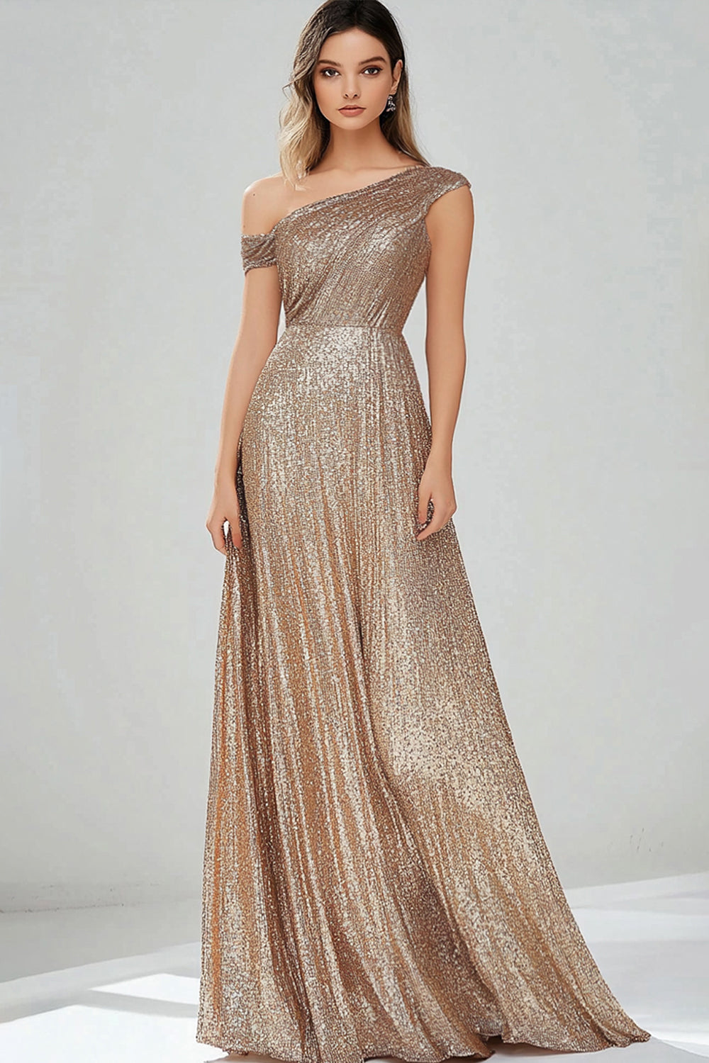 Sparkly Golden One Shoulder Sheath Formal Dress - Image 1