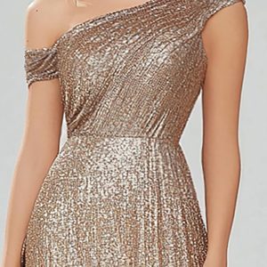 Sparkly Golden One Shoulder Sheath Formal Dress - Image 2