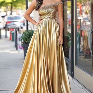 Sparkly Golden Metallic One Shoulder A Line Pleated Long Prom Dress - Image 1
