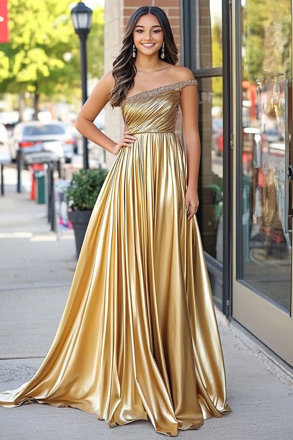 Sparkly Golden Metallic One Shoulder A Line Pleated Long Prom Dress - Image 1