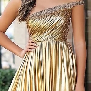 Sparkly Golden Metallic One Shoulder A Line Pleated Long Prom Dress - Image 2
