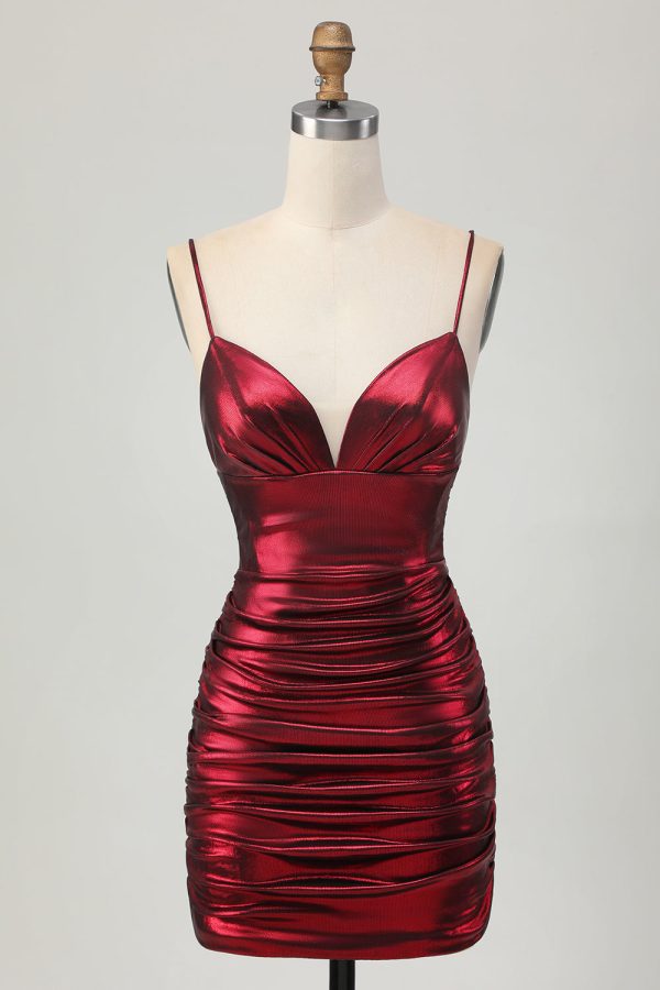 Burgundy Spaghetti Straps Ruched Tight Homecoming Dress