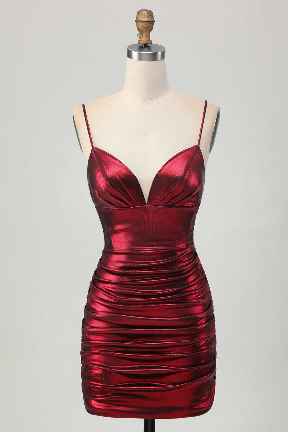 Burgundy Spaghetti Straps Ruched Tight Homecoming Dress - Image 1