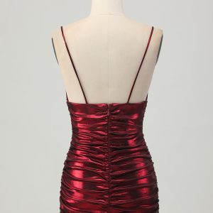 Burgundy Spaghetti Straps Ruched Tight Homecoming Dress - Image 2
