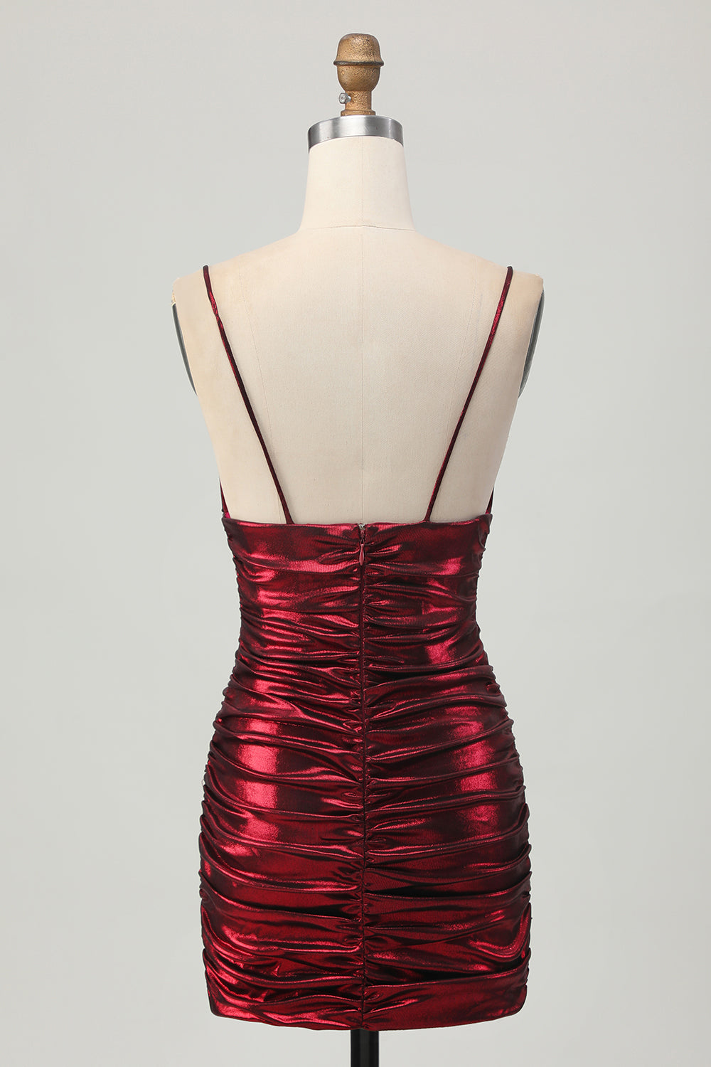 Burgundy Spaghetti Straps Ruched Tight Homecoming Dress - Image 2