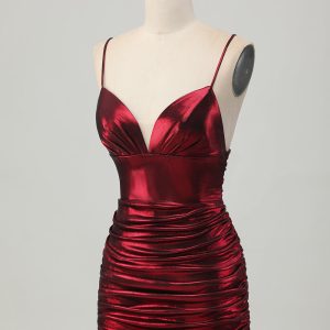 Burgundy Spaghetti Straps Ruched Tight Homecoming Dress - Image 5