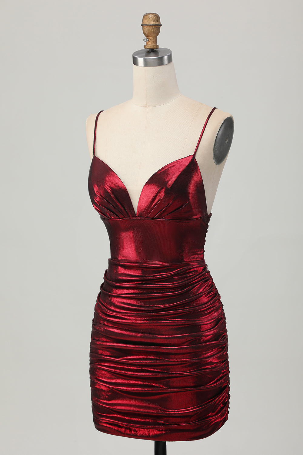 Burgundy Spaghetti Straps Ruched Tight Homecoming Dress - Image 5
